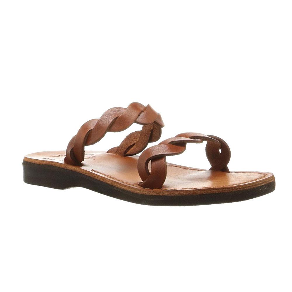 Joanna honey, handmade leather slide sandals - Front View