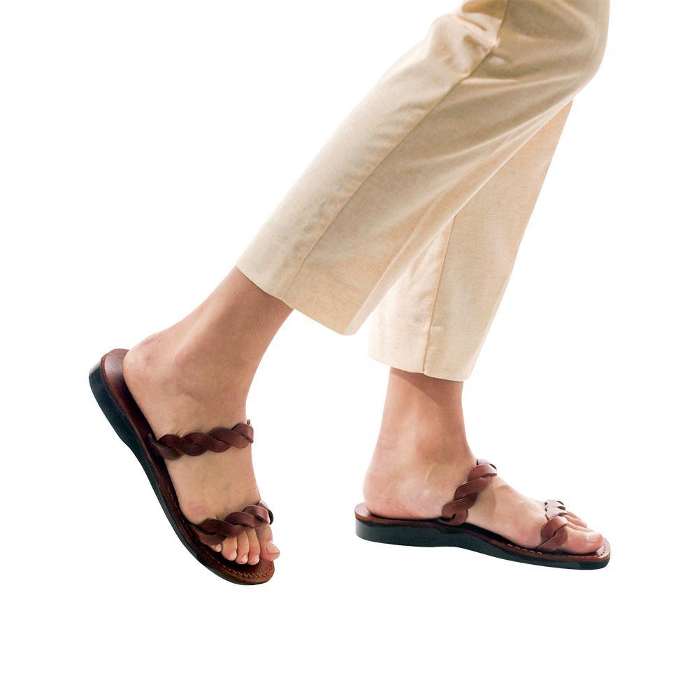 Model wearing Joanna honey, handmade leather slide sandals