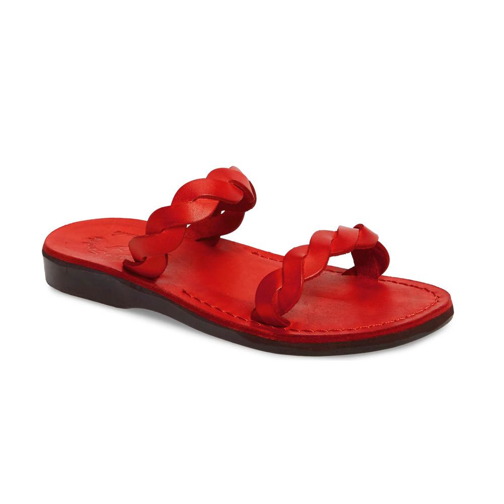 Joanna red, handmade leather slide sandals - Front View