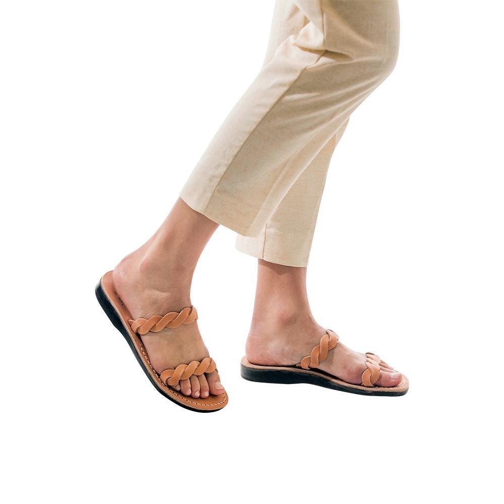 Model wearing Joanna tan, handmade leather slide sandals