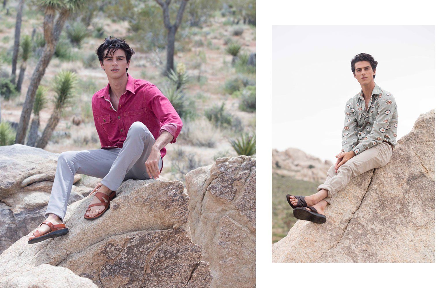 a male model sitting on a rock wearing Jerusalem sandals