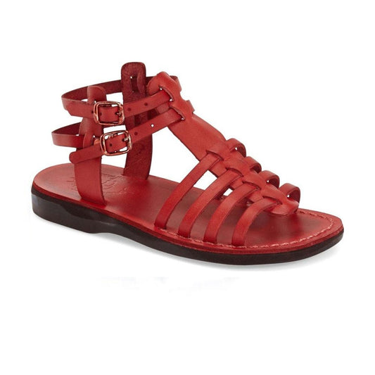 Leah red, handmade leather sandals with back strap  - Front View