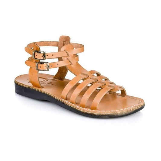 Leah tan, handmade leather sandals with back strap  - Front View