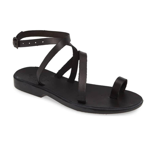Mara black, handmade leather sandals with back strap and toe loop  - Front View