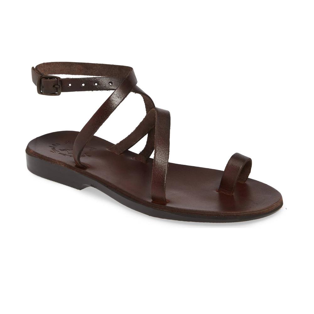 Mara brown, handmade leather sandals with back strap and toe loop  - Front View