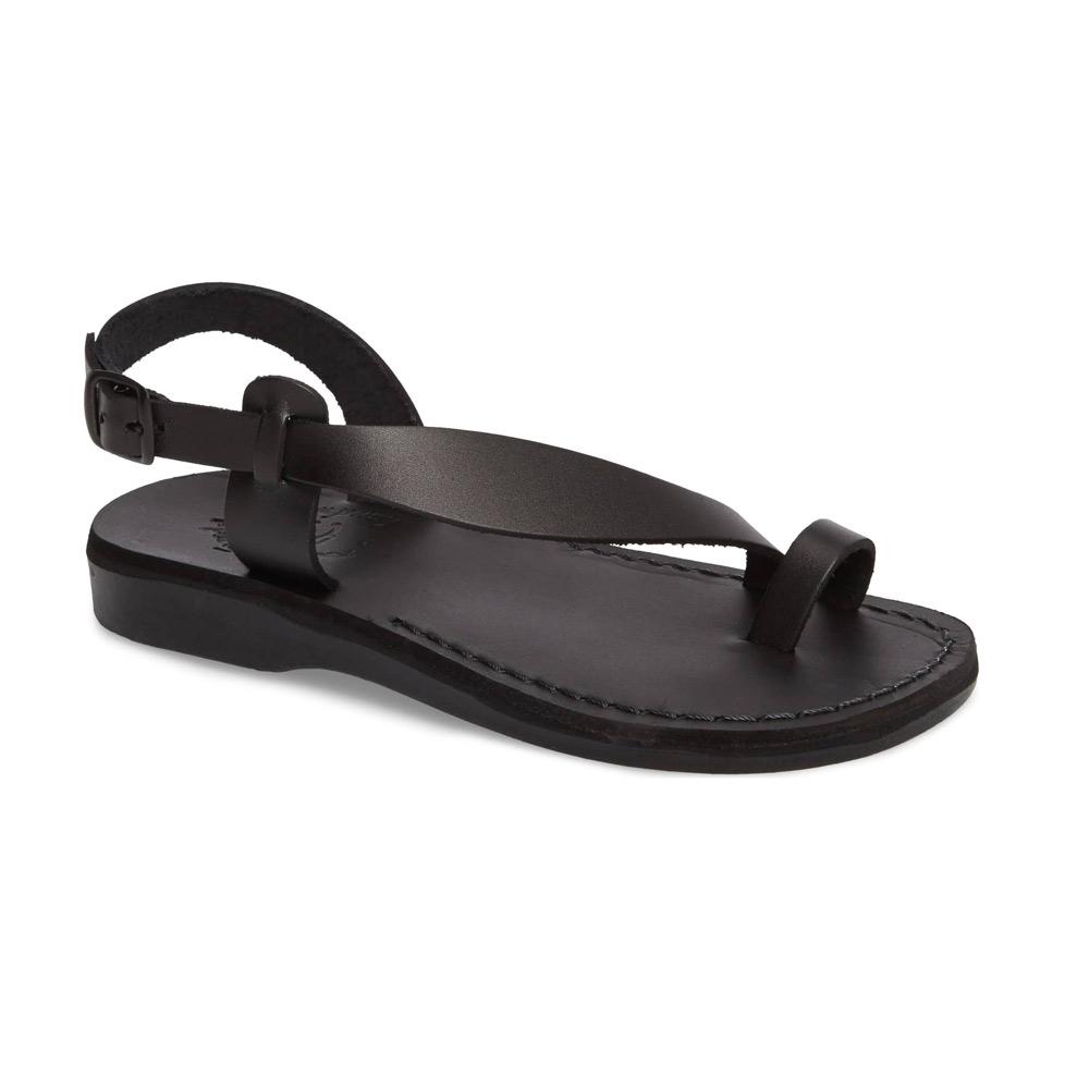 Mia black, handmade leather sandals with back strap and toe loop  - Front View