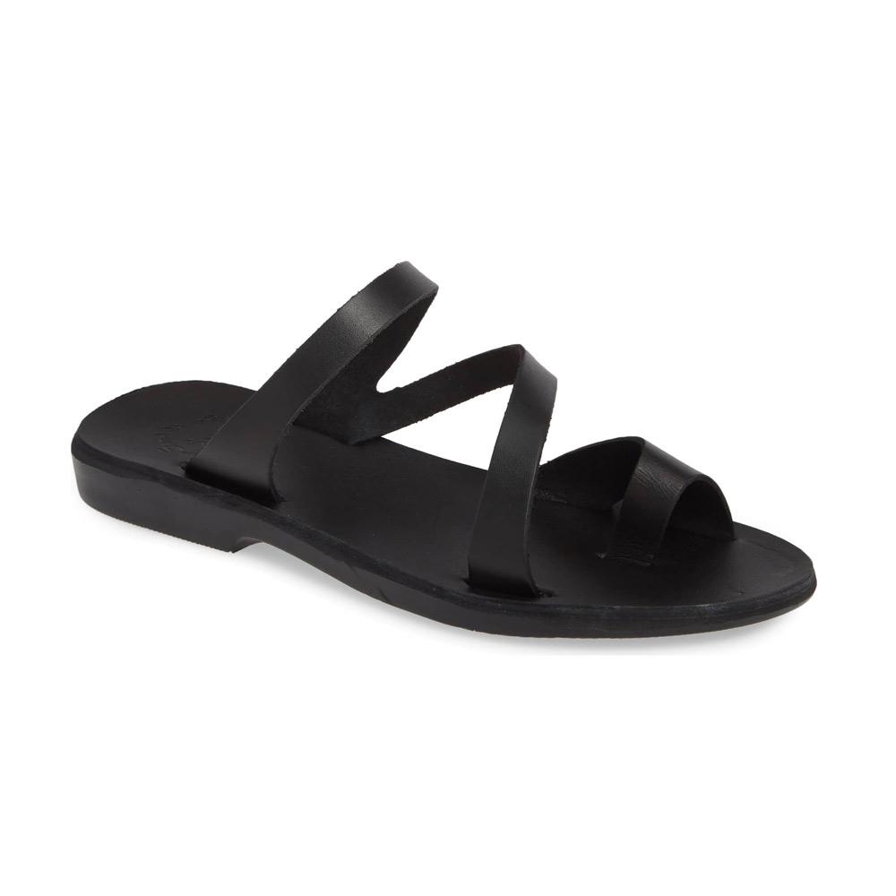 Noah black, handmade leather slide sandals with toe loop - Front View