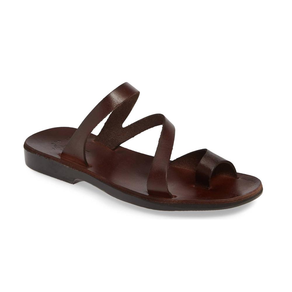Noah brown, handmade leather slide sandals with toe loop - Front View