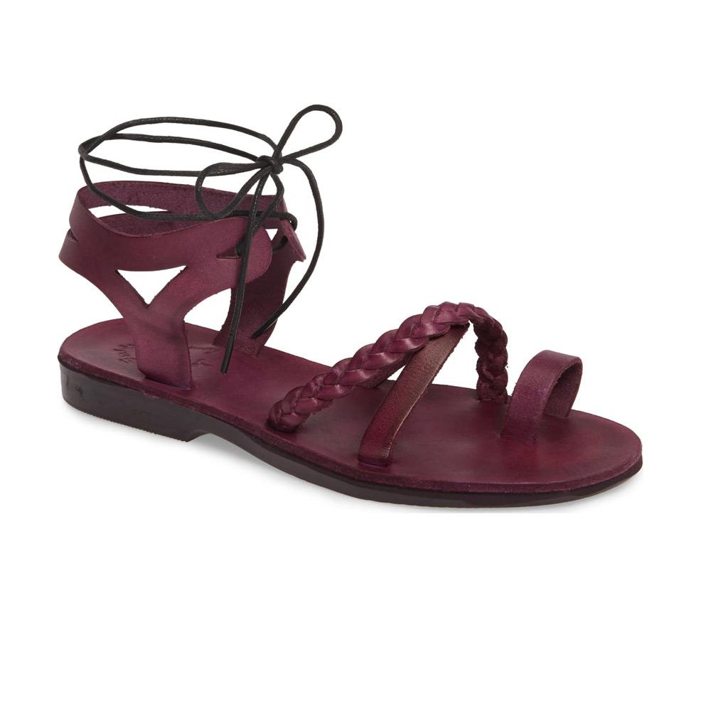 Ramah Violet, handmade leather sandals with back strap and toe loop front view