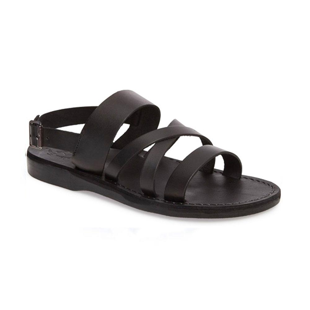 Silas black, handmade leather sandals with back strap - Front Vie