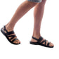 Model wearing Silas black, handmade leather sandals with back strap 