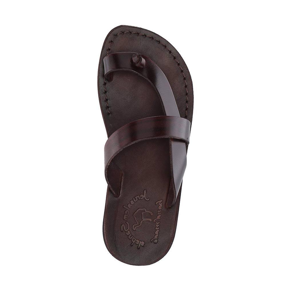 Tal Brown, handmade leather slide sandals with toe loop - side View