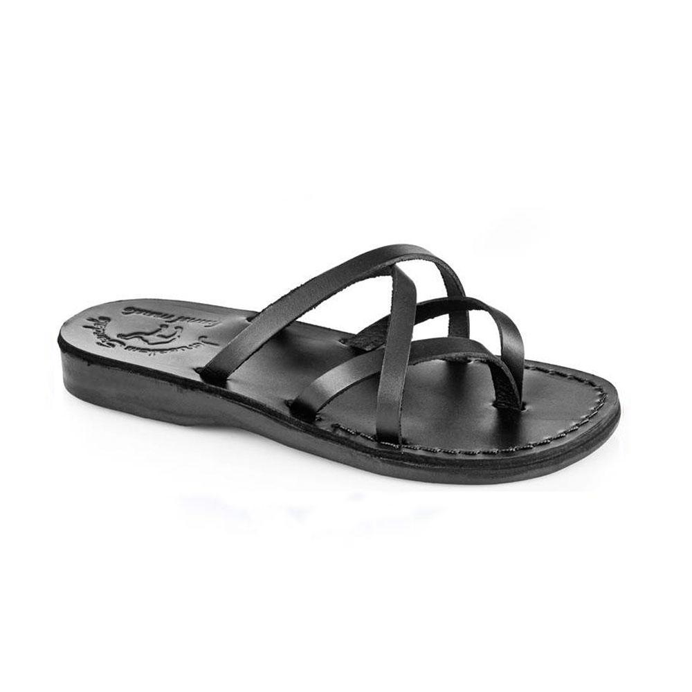 Tamar black, handmade leather slide sandals - Front View