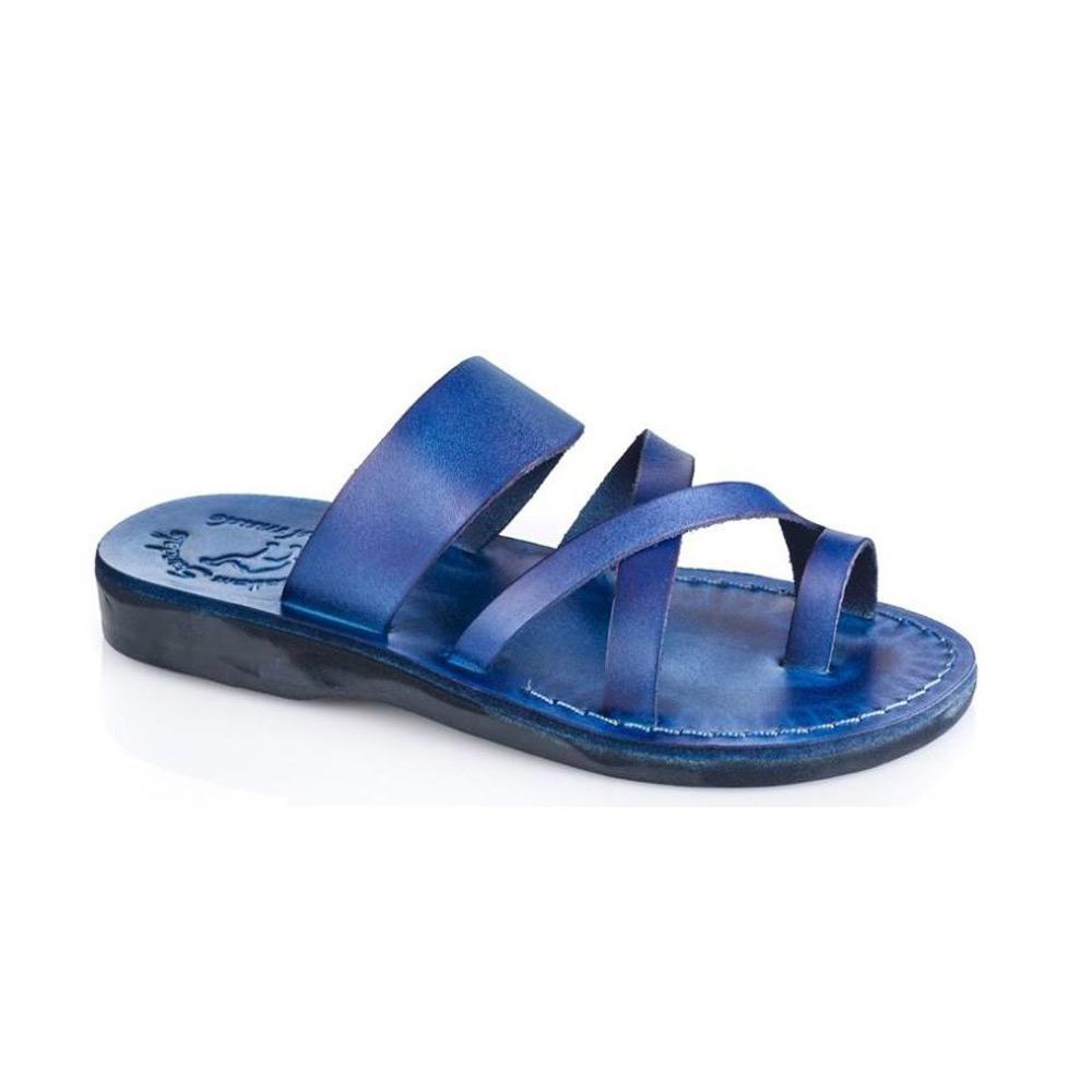 The Good Shepherd blue, handmade leather slide sandals with toe loop - Front View