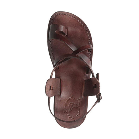 The Good Shepherd Buckle brown, handmade leather sandals with back strap and toe loop - side view