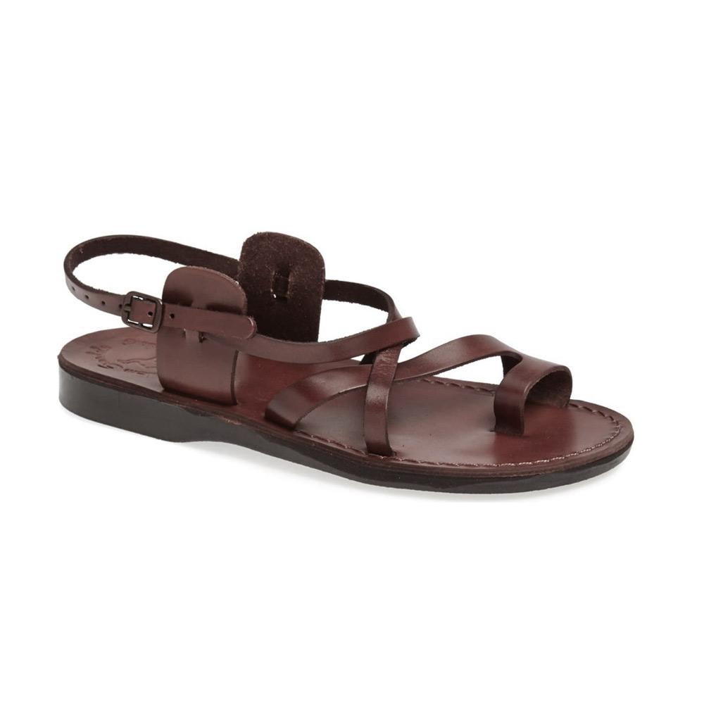 The Good Shepherd Buckle brown, handmade leather sandals with back strap and toe loop  - Front View
