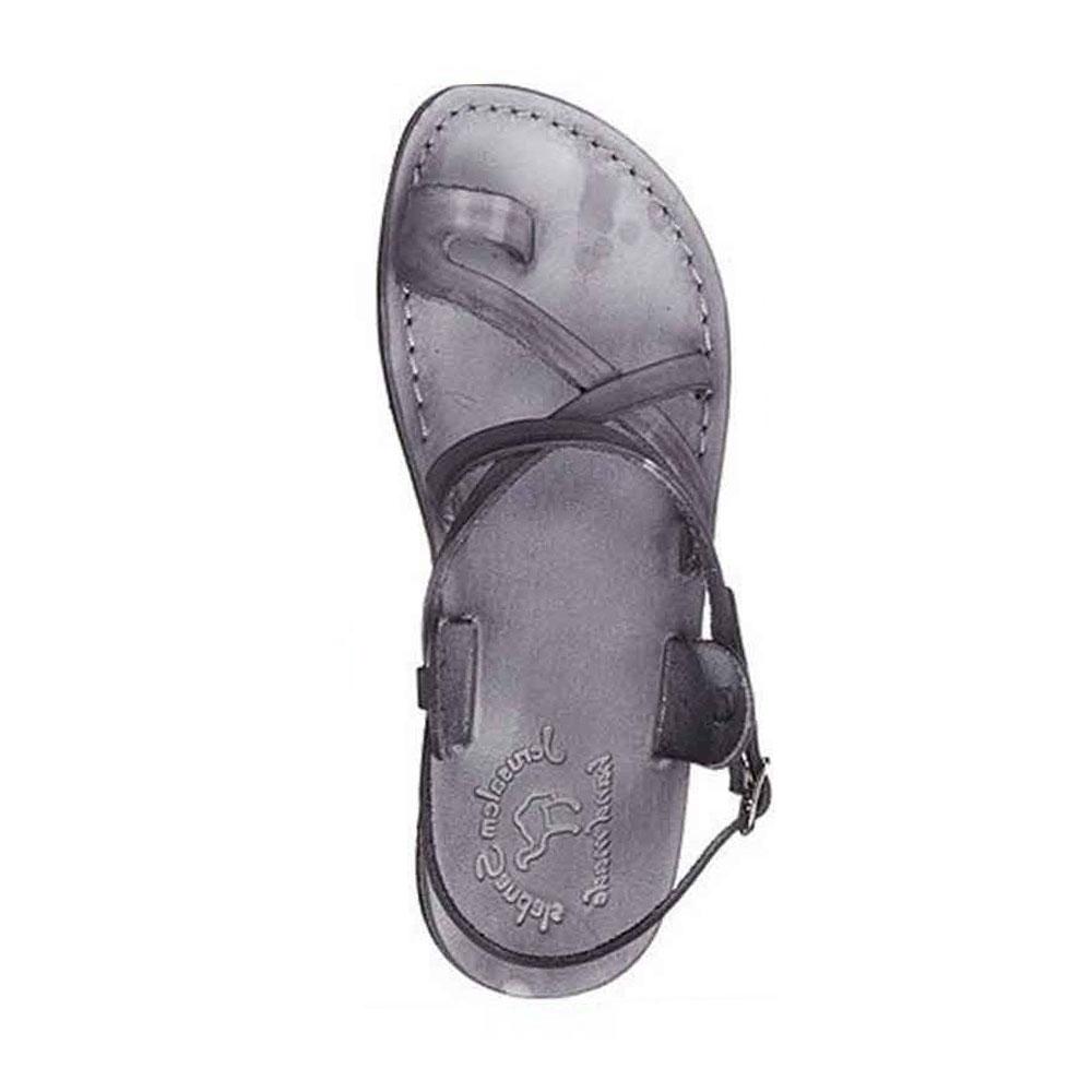 The Good Shepherd Buckle gray, handmade leather sandals with back strap and toe loop - side view