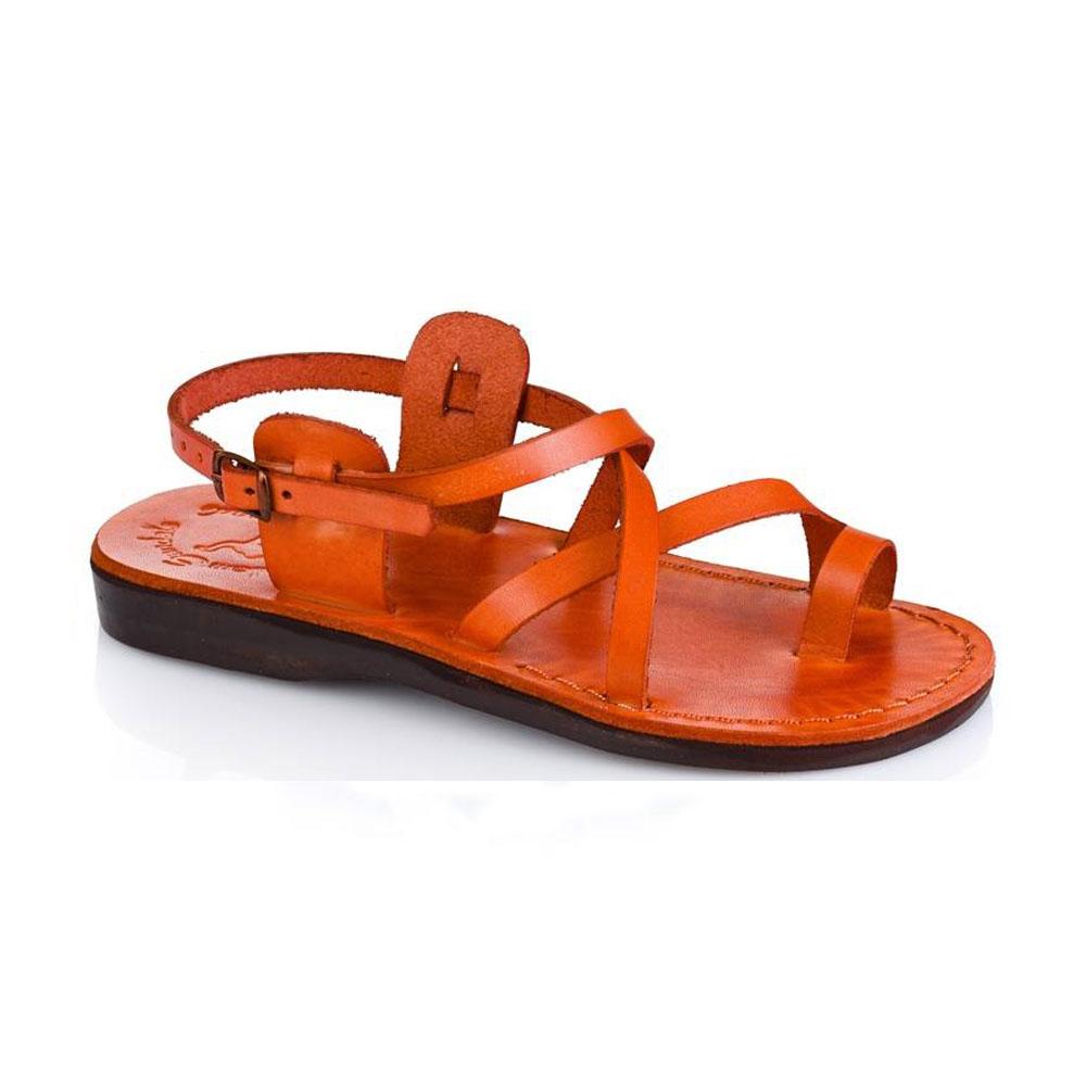 The Good Shepherd Buckle orange, handmade leather sandals with back strap and toe loop  - Front View