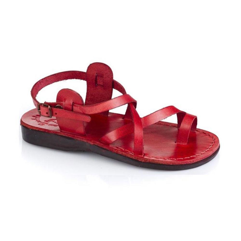 The Good Shepherd Buckle red, handmade leather sandals with back strap and toe loop  - Front View