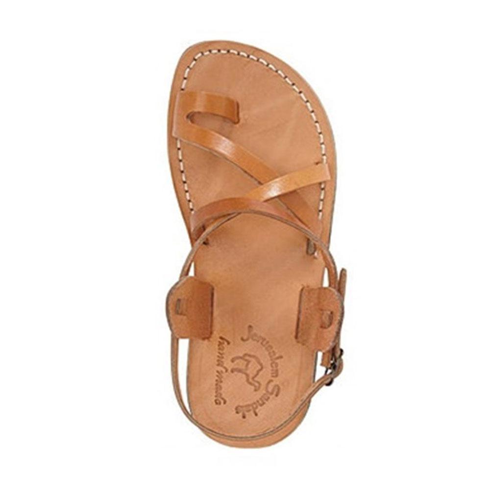 The Good Shepherd Buckle Tan, handmade leather sandals with back strap and toe loop - side view