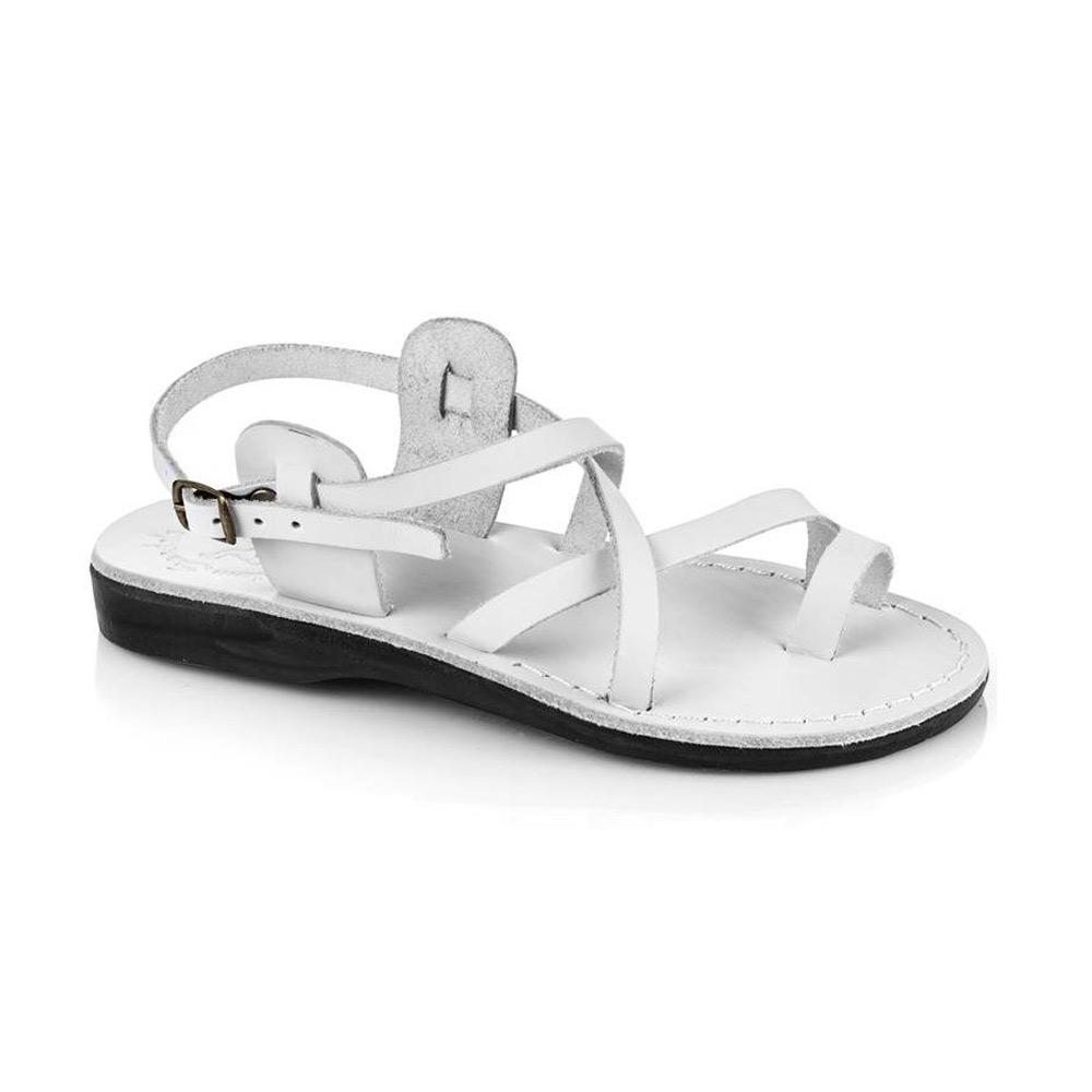 The Good Shepherd Buckle white, handmade leather sandals with back strap and toe loop  - Front View