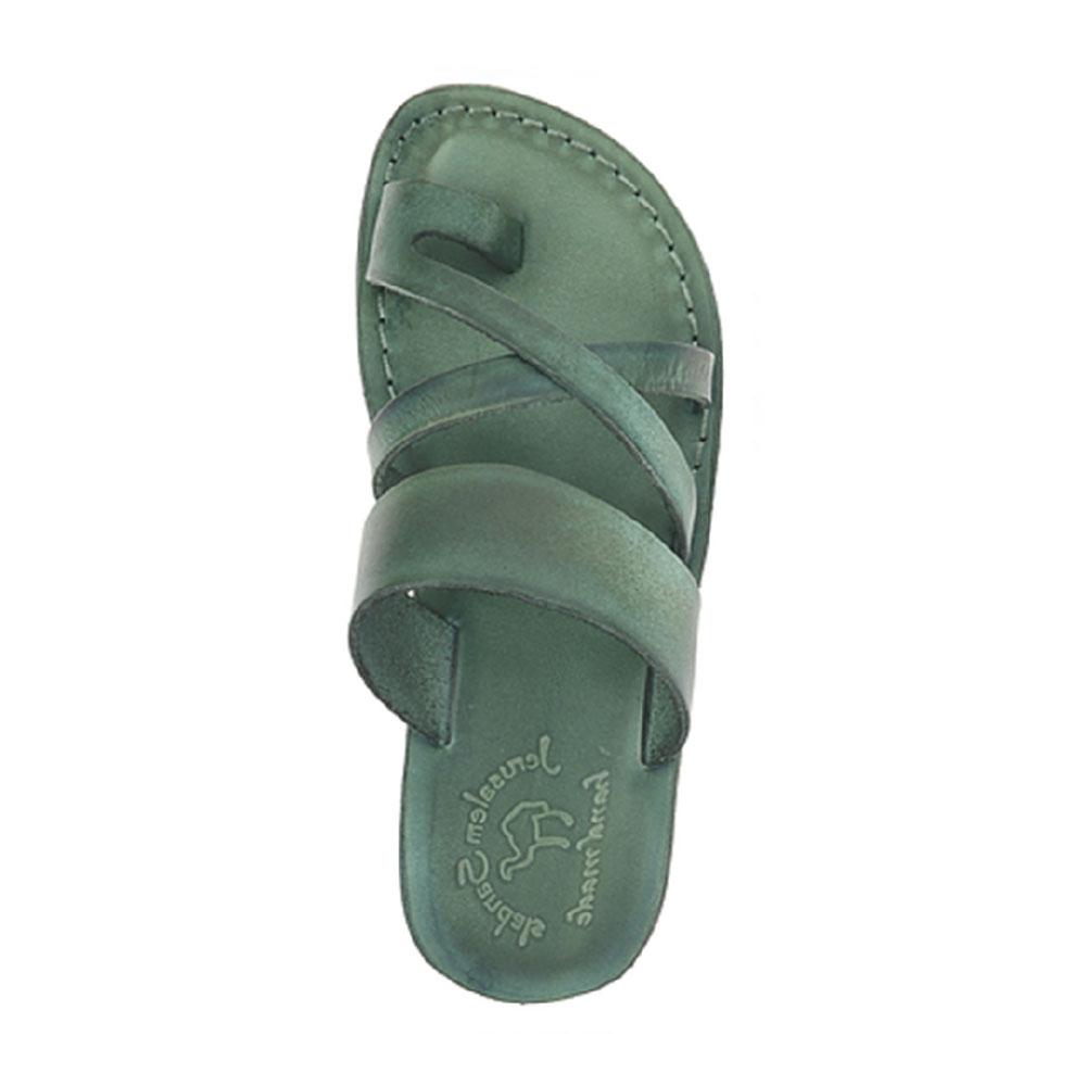 The Good Shepherd green, handmade leather slide sandals with toe loop - Side View