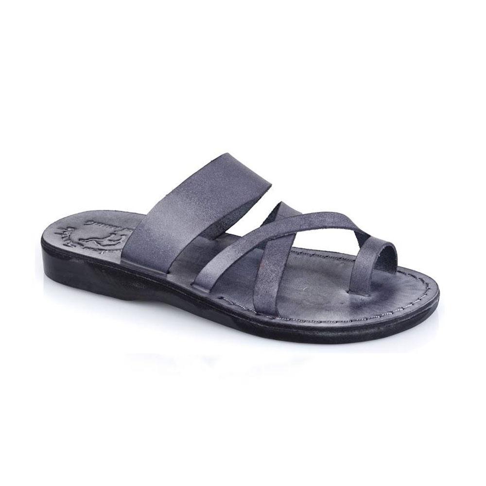 The Good Shepherd gray, handmade leather slide sandals with toe loop - Front View