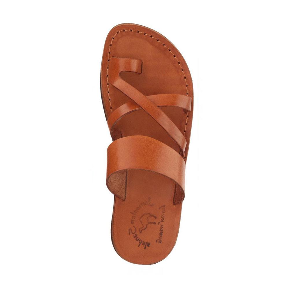 The Good Shepherd honey, handmade leather slide sandals with toe loop - Side View