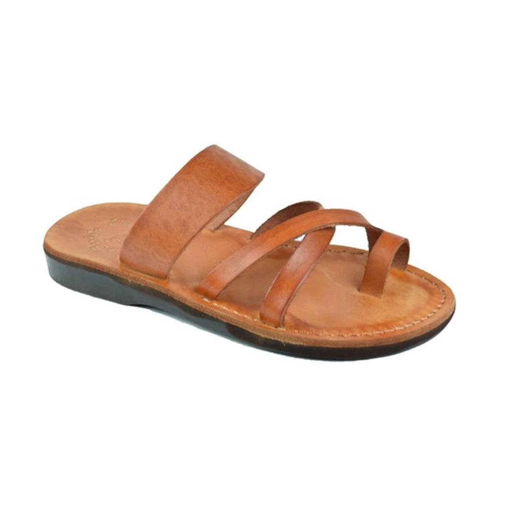 The Good Shepherd honey, handmade leather slide sandals with toe loop - Front View