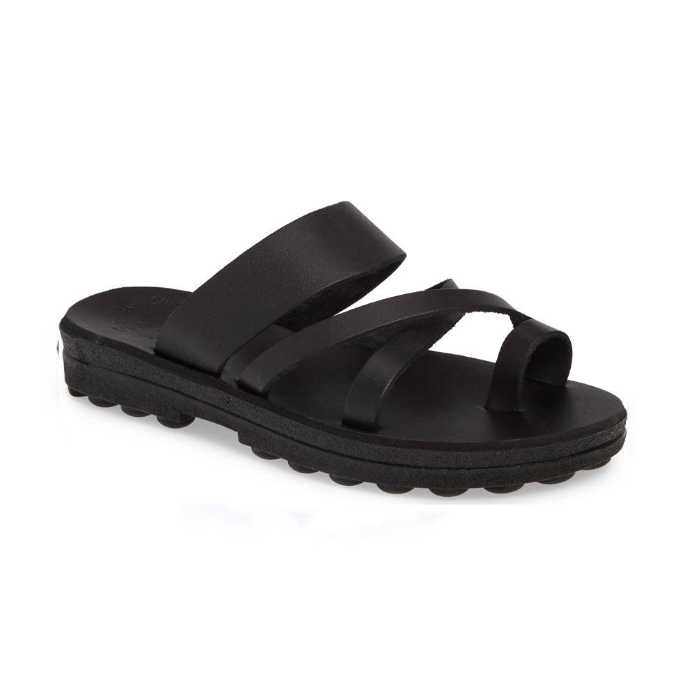 The Good Shepherd black, handmade leather slide sandals with toe loop - Front View