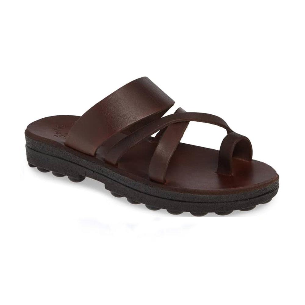The Good Shepherd brown, handmade leather slide sandals with toe loop - Front View