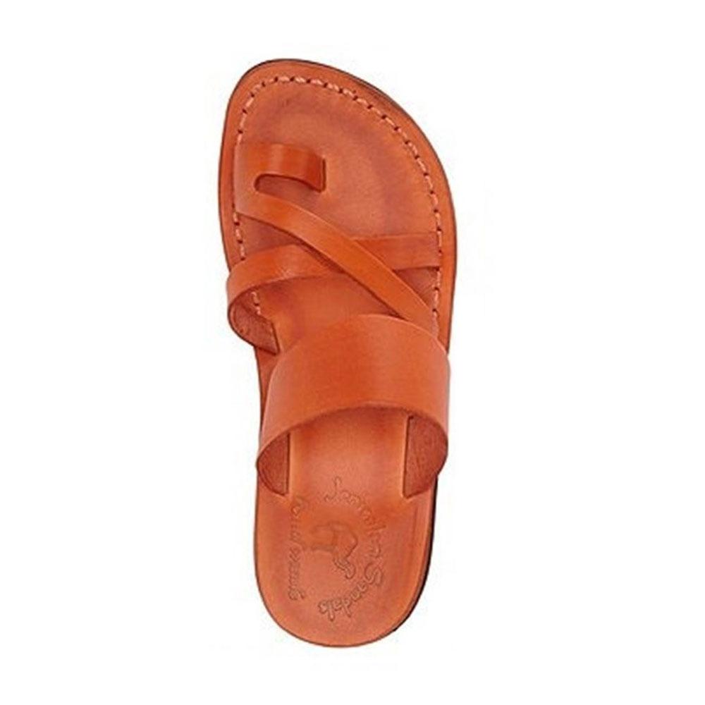 The Good Shepherd orange, handmade leather slide sandals with toe loop - Side View