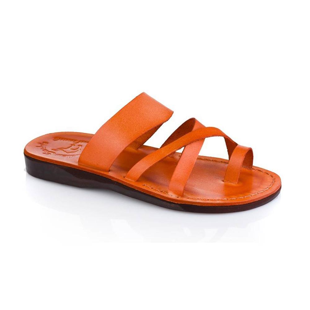 The Good Shepherd orange, handmade leather slide sandals with toe loop - Front View
