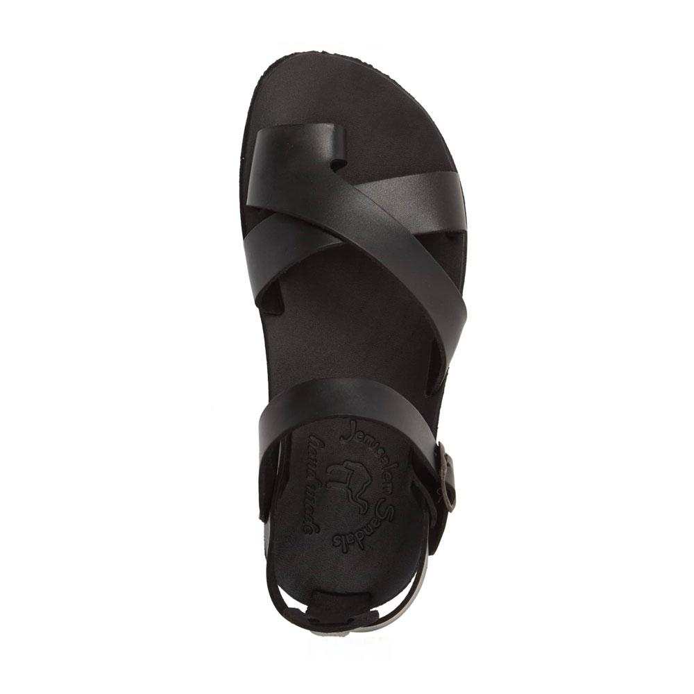 Tovah black, handmade leather sandals with back strap and toe loop- Side View