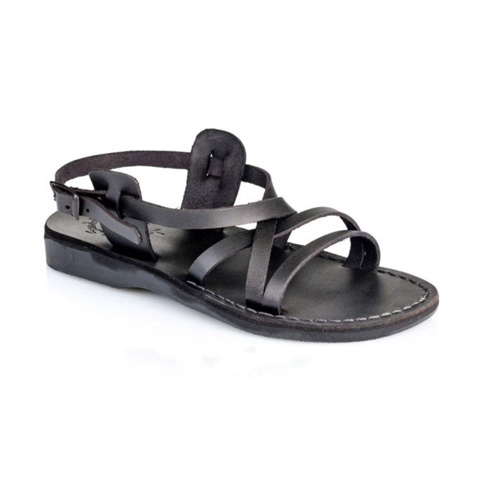 Tzippora black, handmade leather sandals with back strap  - Front View