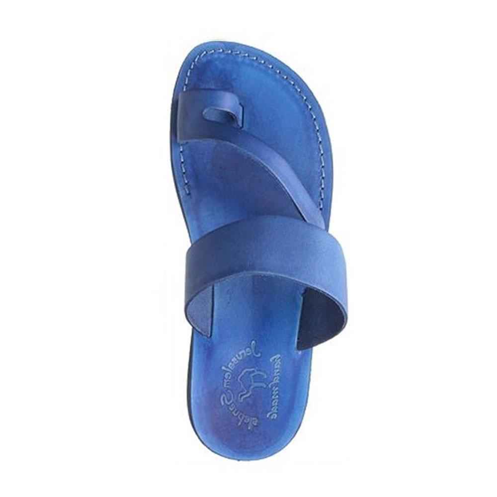 Zohar blue, handmade leather slide sandals with toe loop - Side View
