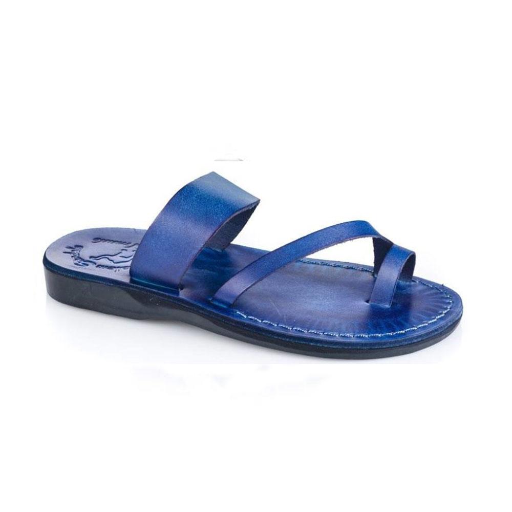 Zohar blue, handmade leather slide sandals with toe loop - Front View