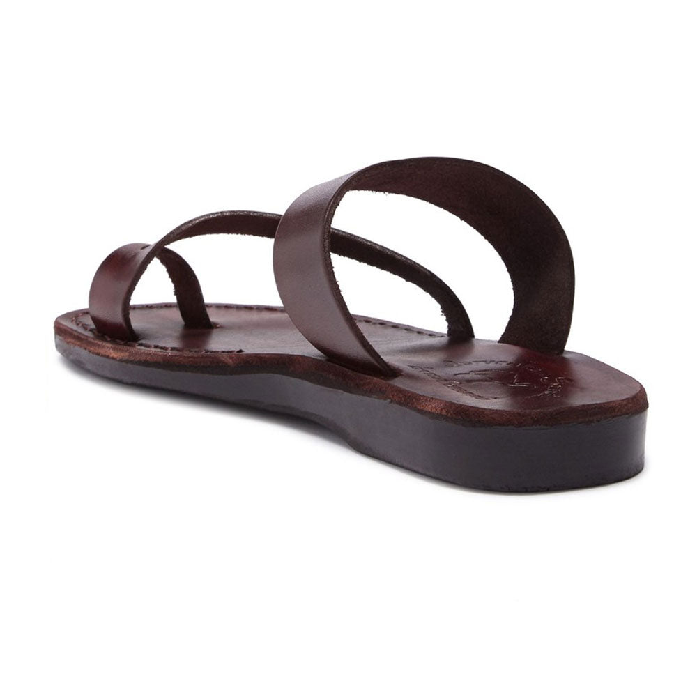 Zohar brown, handmade leather slide sandals with toe loop - back View
