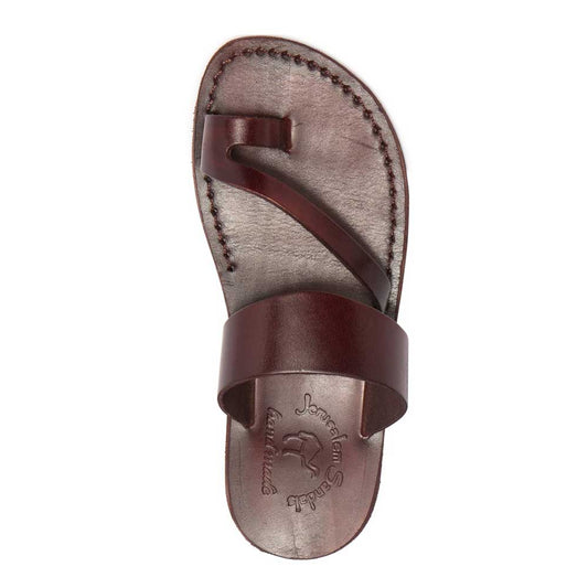 Zohar brown, handmade leather slide sandals with toe loop - side View