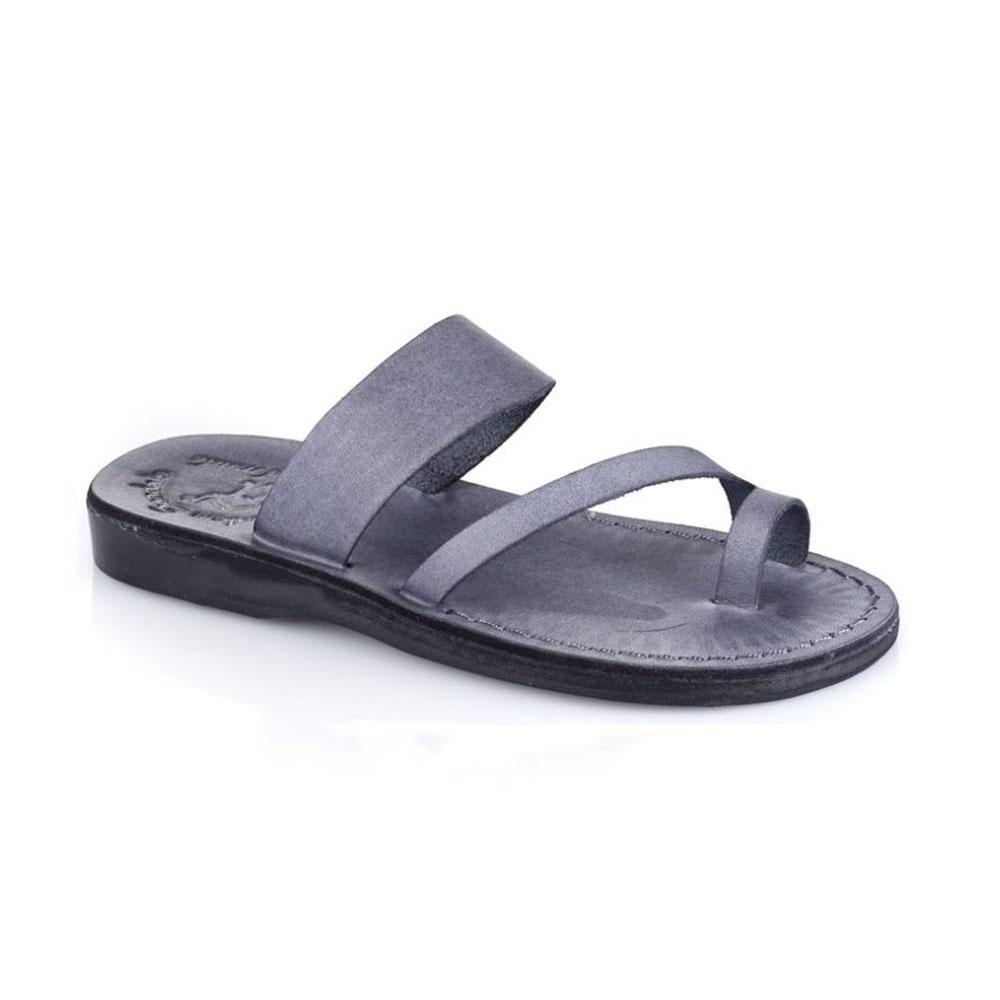 Zohar gray, handmade leather slide sandals with toe loop - Front View