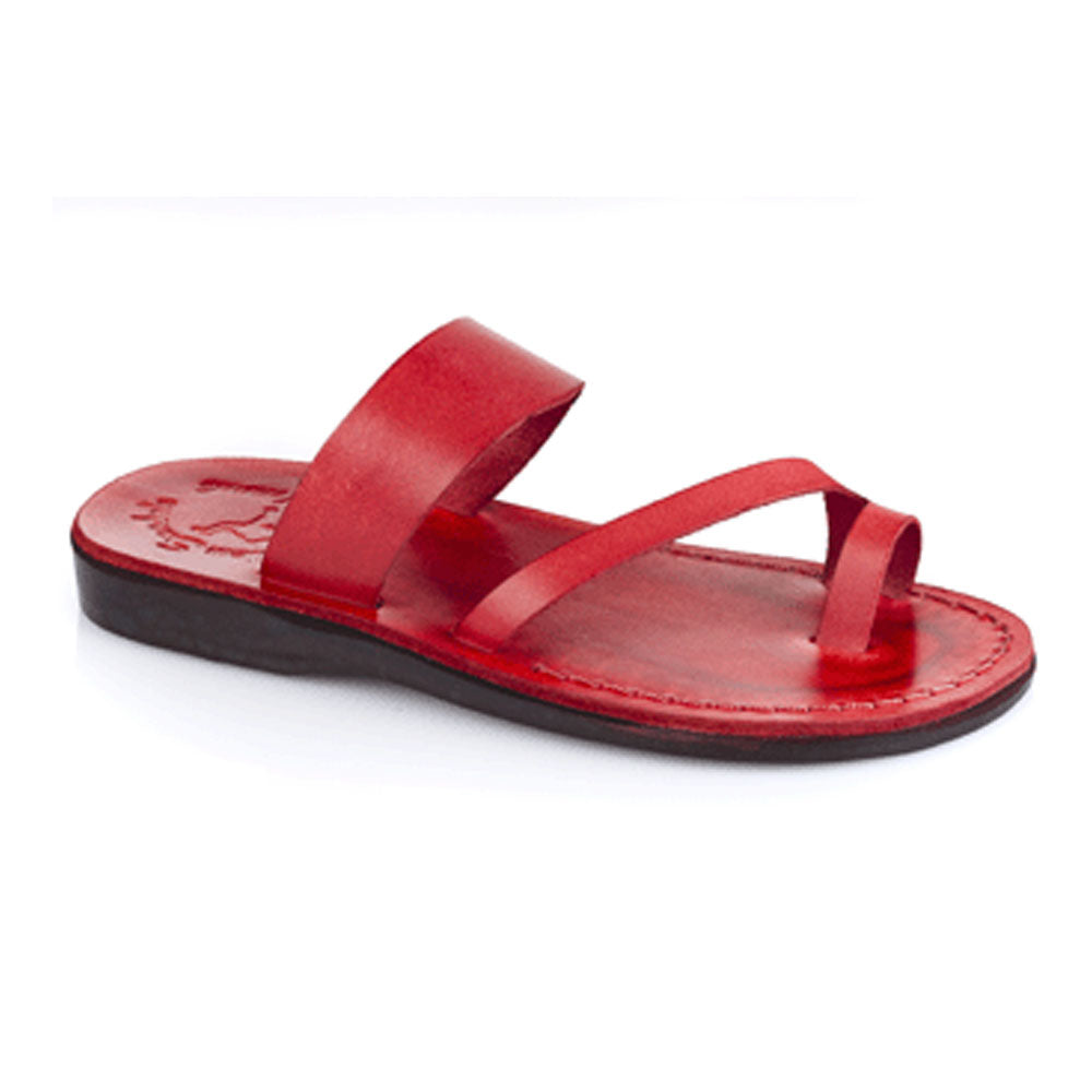Zohar red, handmade leather slide sandals with toe loop - Front View