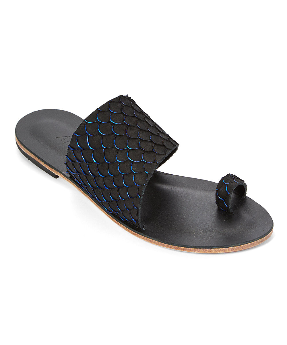 Wilshire Blvd blue, handmade leather slide sandals with toe loop - Front View