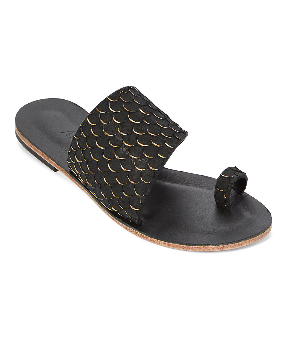 Wilshire Blvd black, handmade leather slide sandals with toe loop - Front View